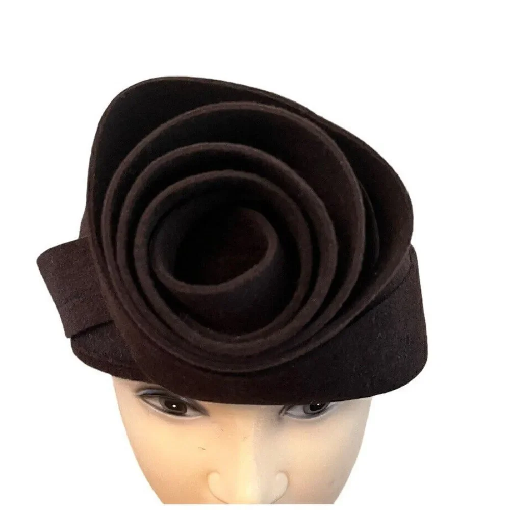 DIVA Ladies Brown Rabbit Hair Pillbox Hat Round Circle Flower Ribbon Hat Russia